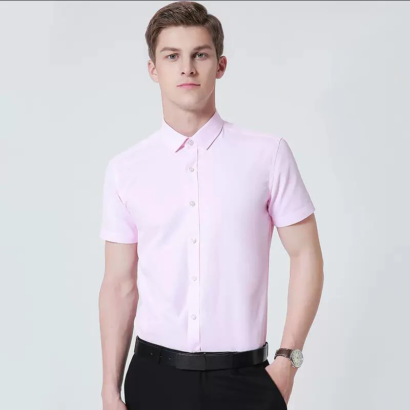 Solid Color Men's Shirts No-Ironing Shows Figure Casual Fashion Short Sleeve Shirts 9XL Summer Elastic Male Tops