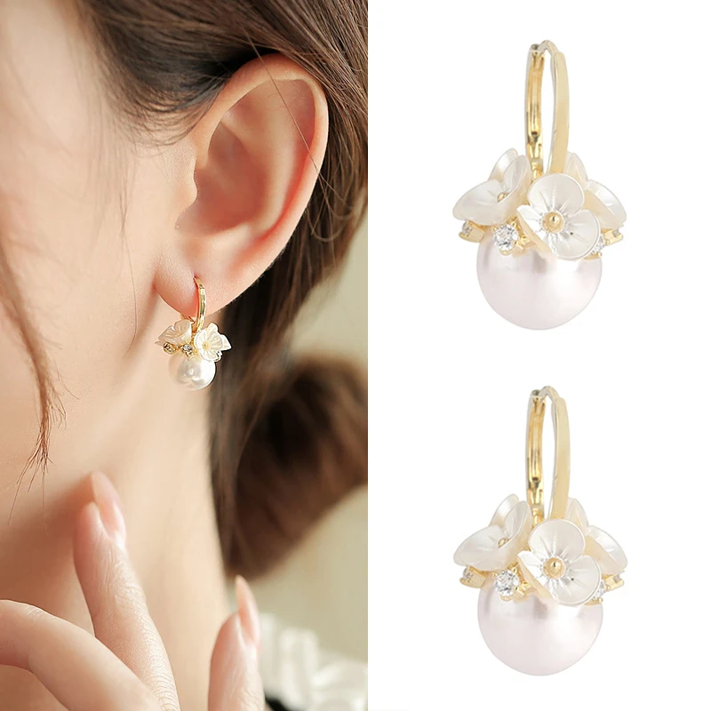 Trendy Cute Shell Flower Imitation Pearl Hoop Earrings For Women Korean New Fashion Inlaid Zircon Wedding Earring Party Jewelry