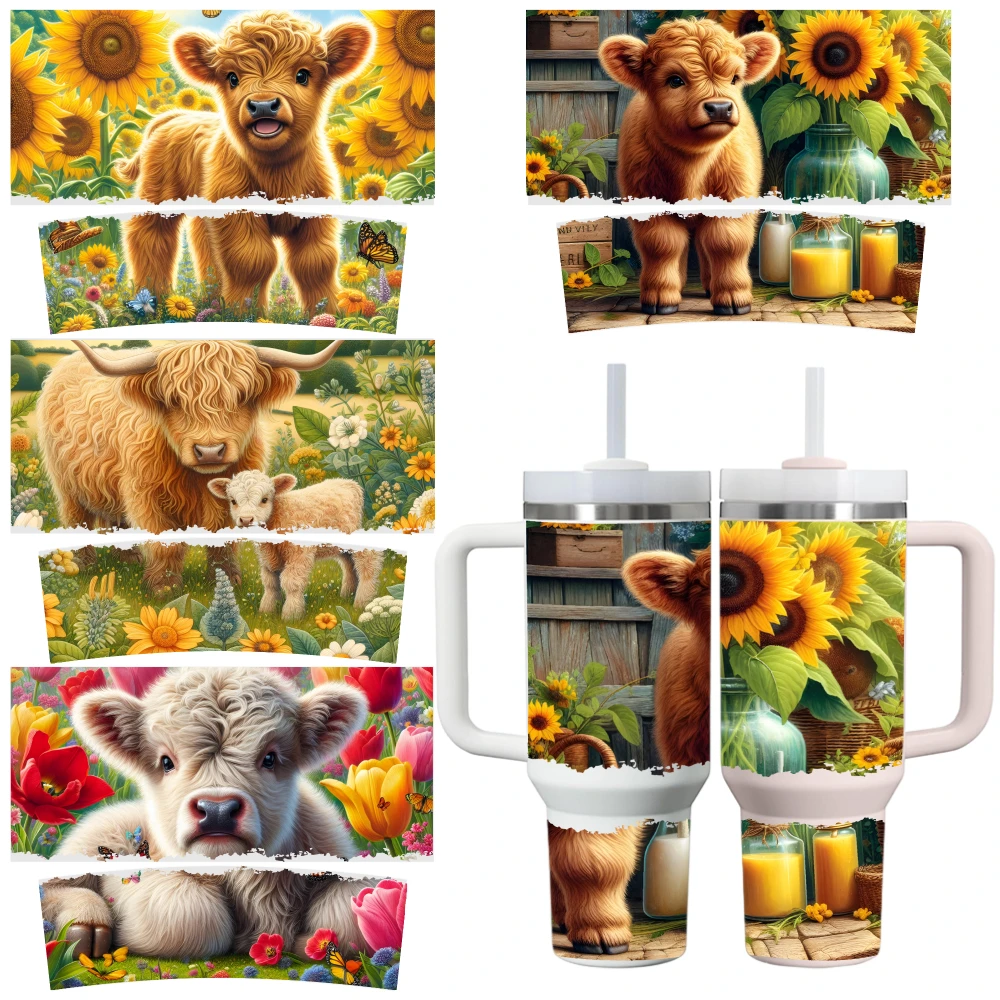 4 Sheets Sunflower Cow Garden Floral Calf Buttercup UV DTF Stickers for 40oz Tumblers Decorative Transfer Paper Coffee Mug