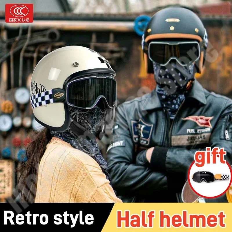 

Retro Helmet with Goggles Three Quarter Helmet for Winter Cruising Locomotives Street Trend Checkerboard Helmet Motocross