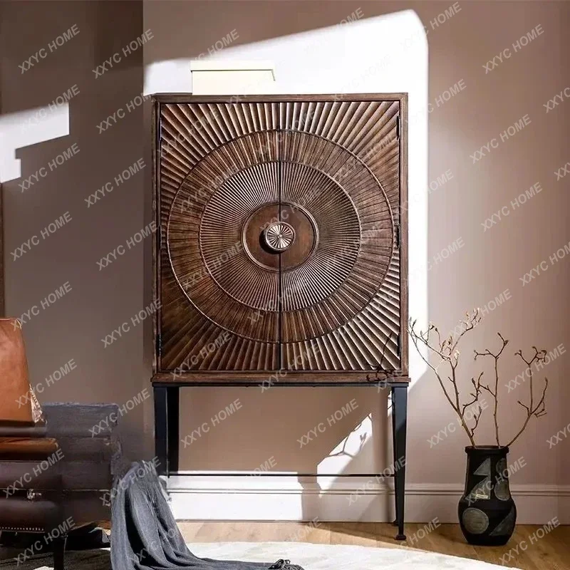YYJ Retro Chinese Solid Wood Wine Cabinet/    Living Room Carved Locker/floor Display Cabinet