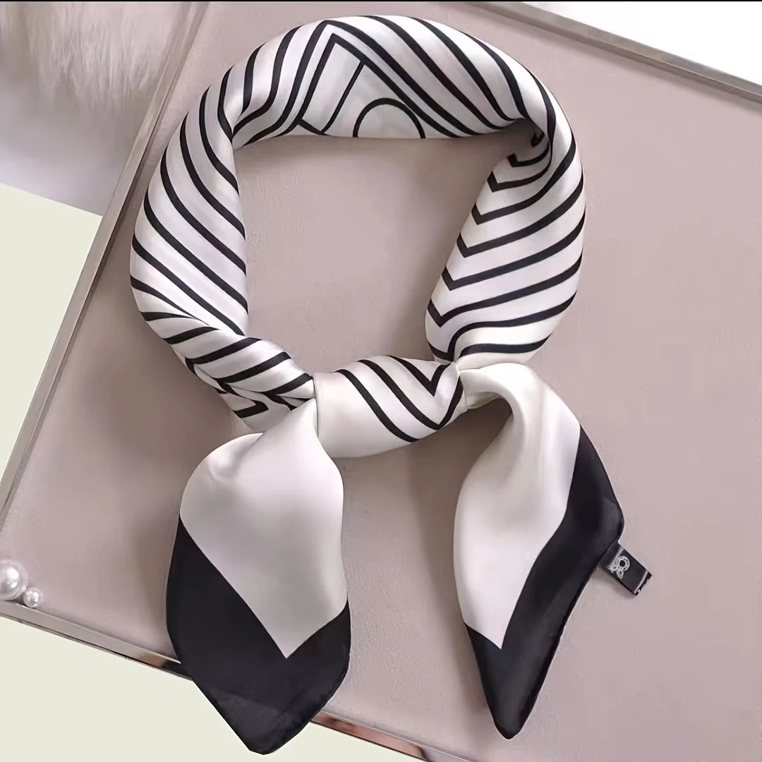 2024 New Fashion Square Imitation Silk Scarf Black And White Striped Head Wrap For Women Multifunction Silk Feeling Neckerchief