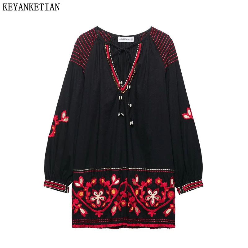 

KEYANKETIAN 2025 Spring/Autumn New Bohemian style Flower Embroidery Mini Dress Shell Lace Up O-Neck Women's Loose Short Dresses