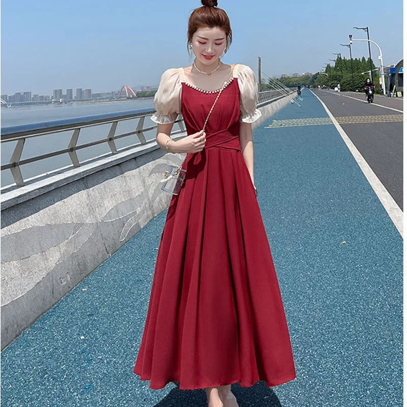 Women Summer V-Neck Long Dress 2024 Slim Bubble Sleeve A-Line Dresses Female Fashion Casual Splicing Women Elegant Luxury Dress