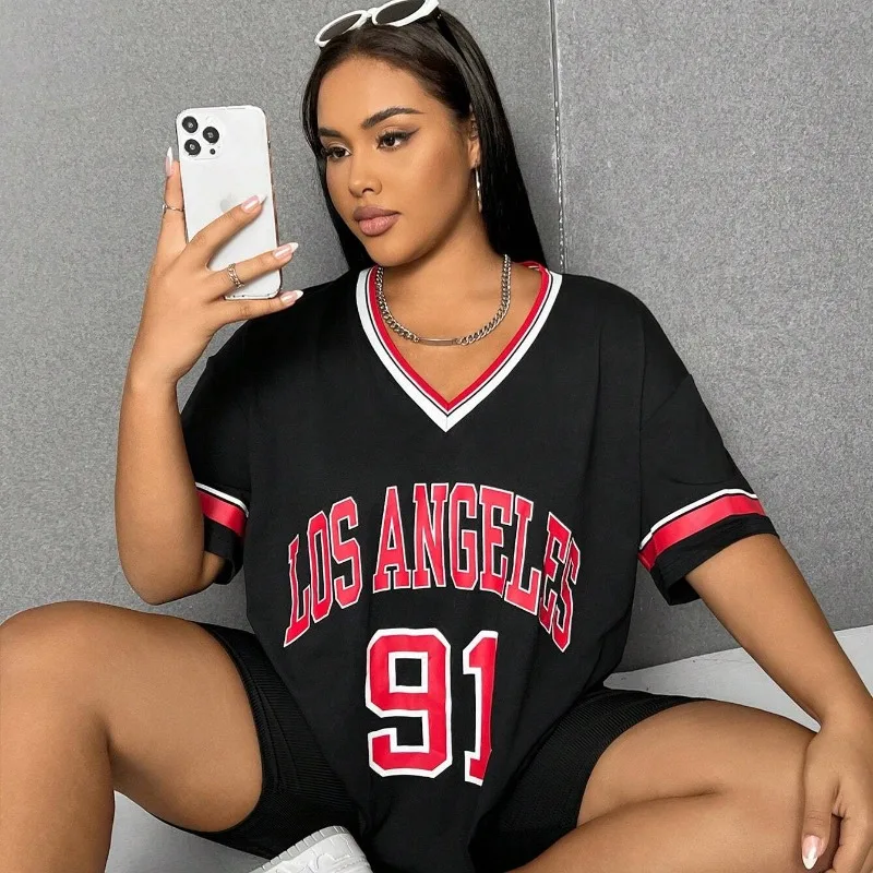 

Popular Trend Women's Plus Size V-neck Letter Stripe Pattern Outdoor Loose Comfortable Casual Versatile Short Sleeve T-shirt