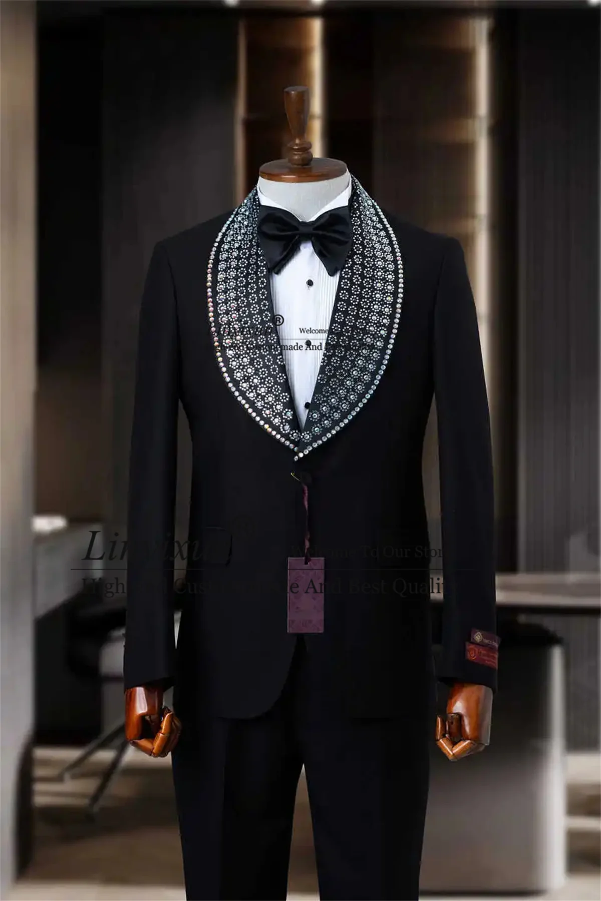 

Luxury Rhinestones Beaded Tuxedos Men Suits 2 Pieces Formal Wedding Groom Party Male Blazers Customized Slim Fit Ternos Completo