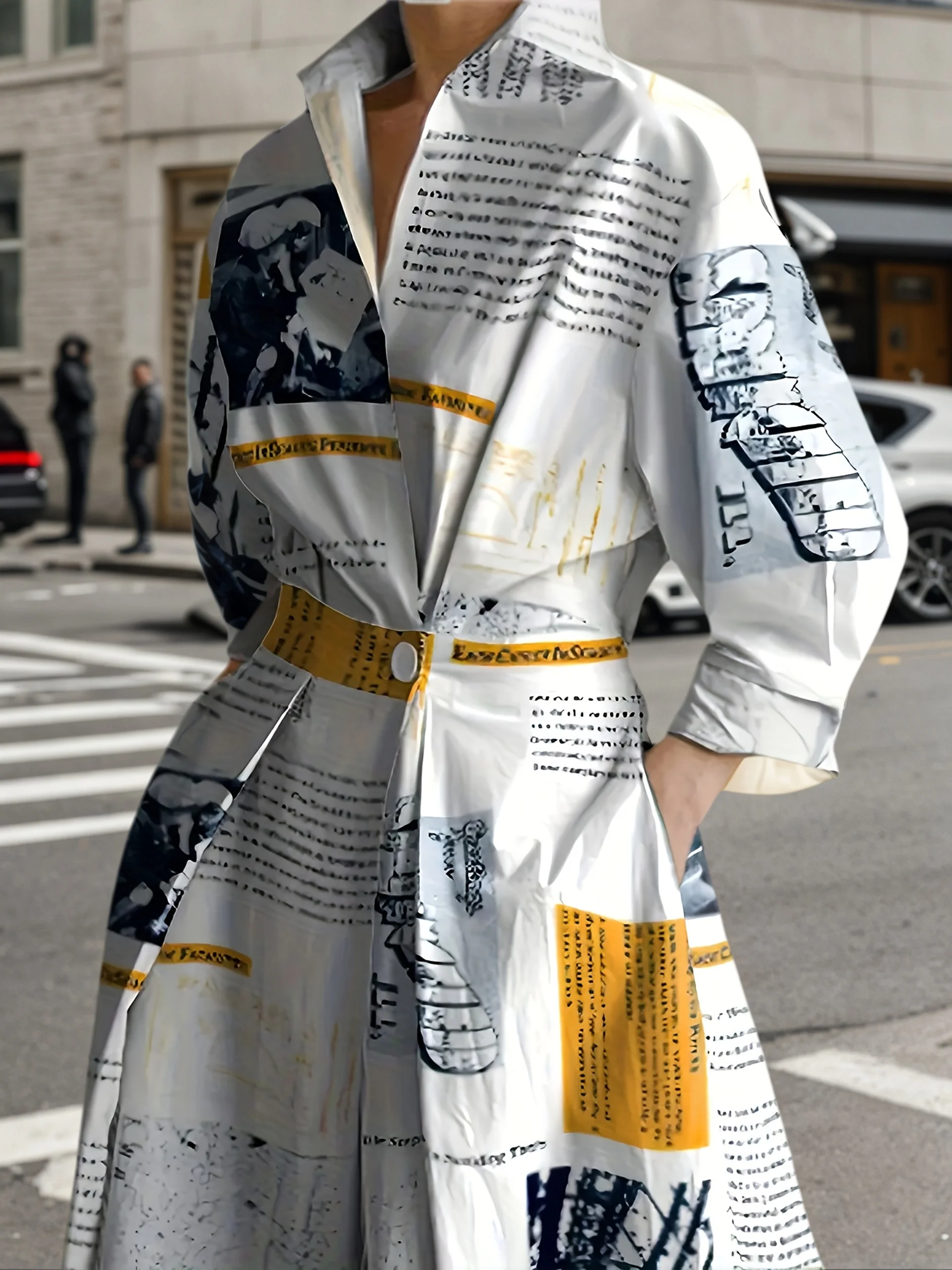 فستان نسائي جديد مطبوع عليه صحيفة لعام 2025 مع ياقة واقفة، فستان خريفي طويل الأكمام حضري غير رسمي متوسط الطول