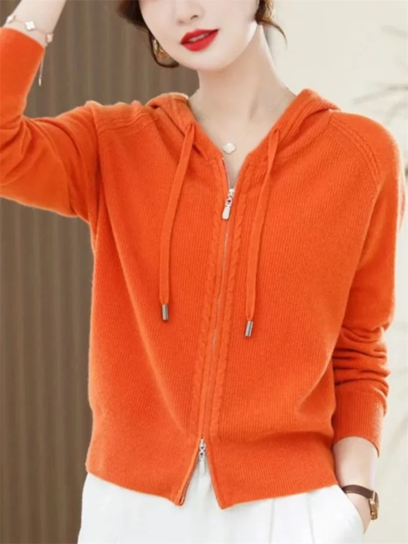 Solid Color Sweater Jacket Spring Autumn Outerwear Cashmere Sweater Hooded Cardigan Women\'s Knitted Outerwear Long Sleeved Loose