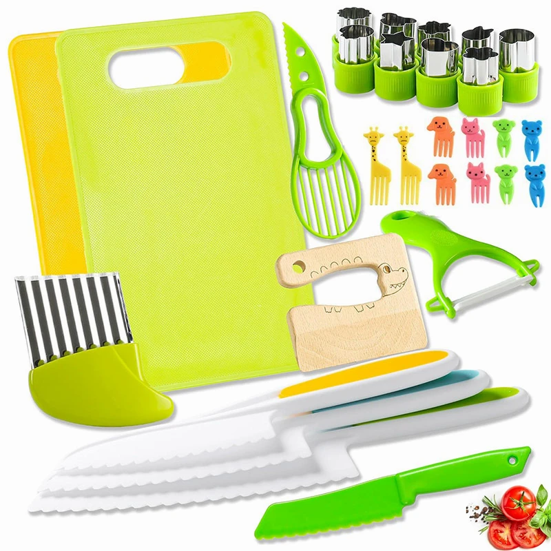 

Montessori Cooking Tools Set for Beginners Wooden Knives, Crinkle Cutters, Cutting Board | Kitchen Utensils for Kids Real Food