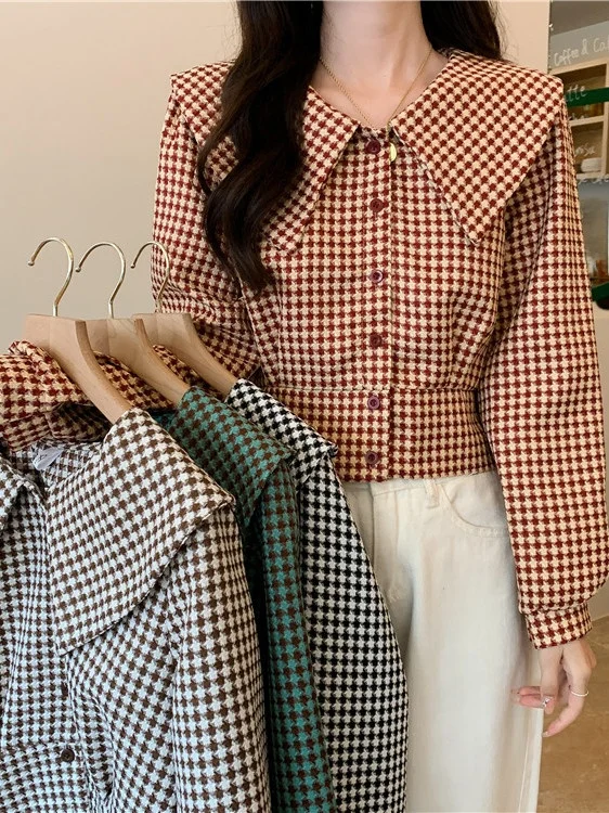 

Plaid Doll Collar ort irt Women's Long Sve Vintage Spring Autumn New Design Sense Small ence Faion Top
