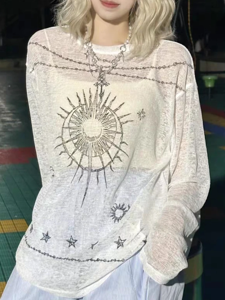 

HOUZHOU See Through Graphic T-shirts Women Oversized Grunge Harajuku T-shirts Vintage Y2k Aesthetic Casual Long Sleeve Tops