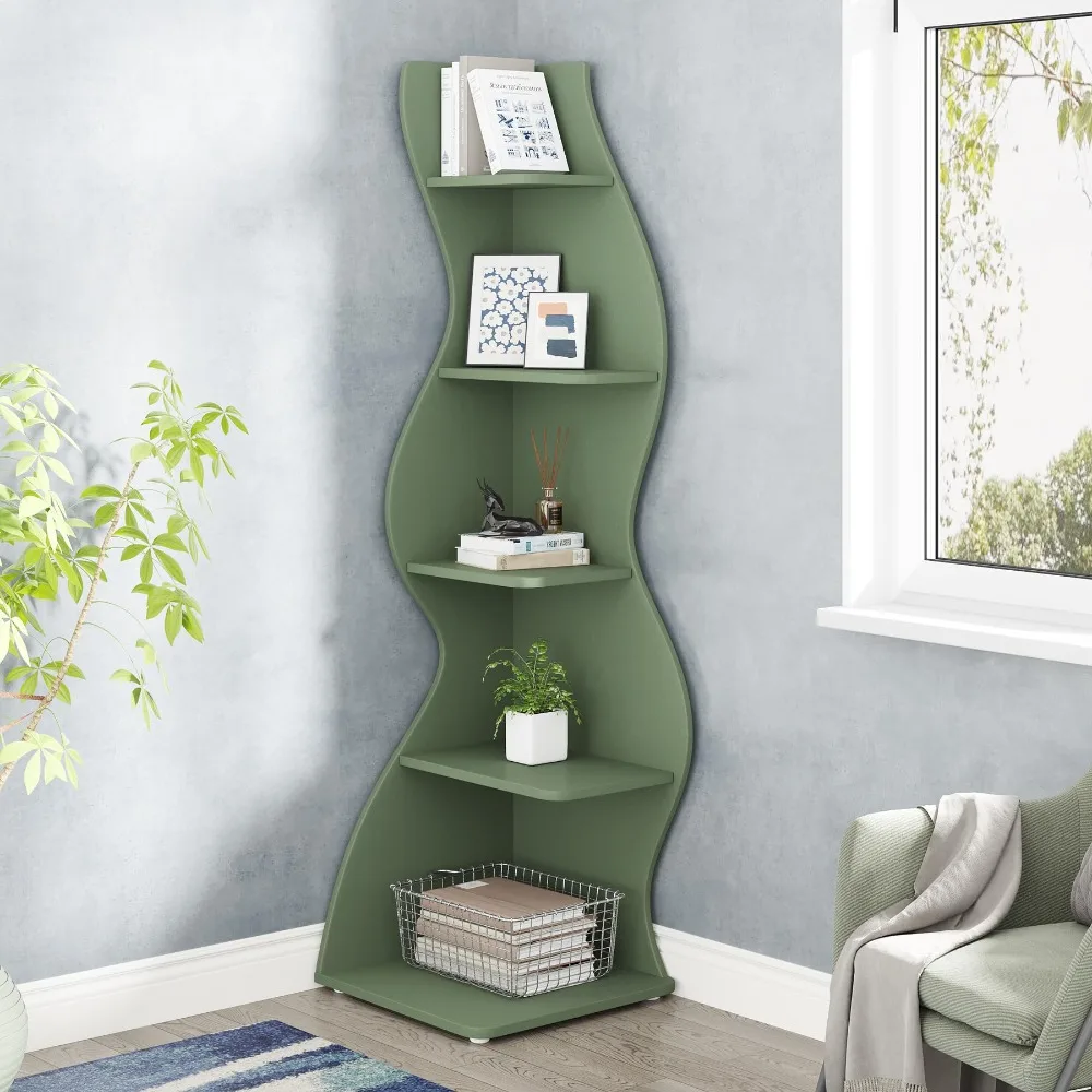 5-Tier Wall Corner Bookshelf, Stylish Corner Small Bookcase, Storage Rack Plant Stand with Unique Shape for Home Office