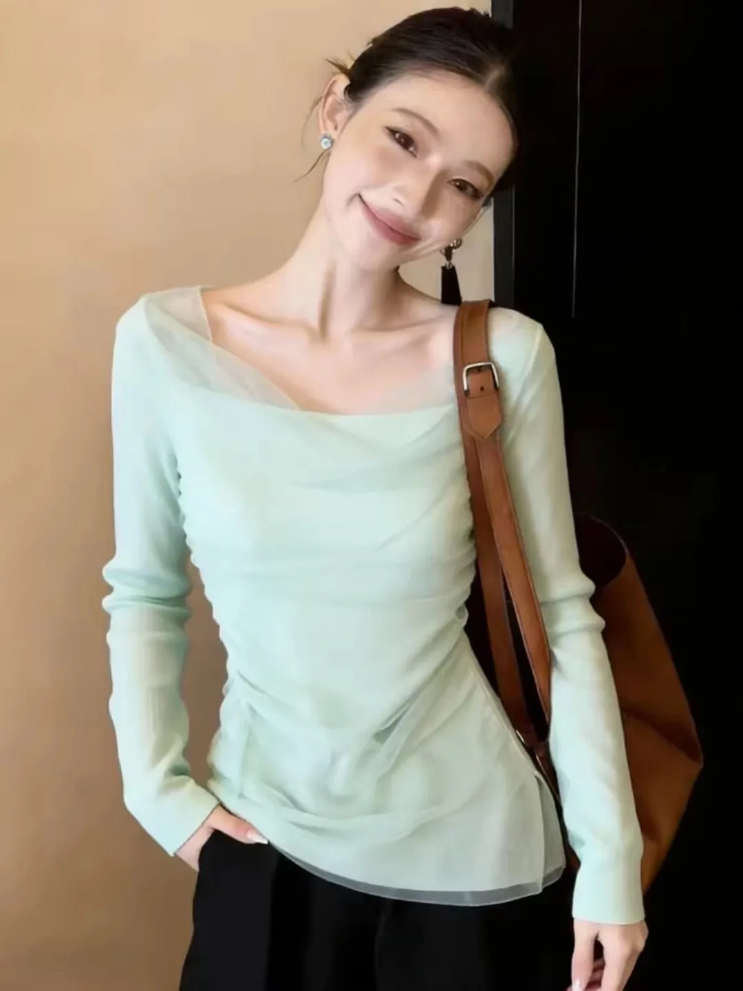 Mint Green One-Shoulder Knitted Sweater Women's Style Splice Mesh High-End Feeling Spring Season Breathable Comfortable Top