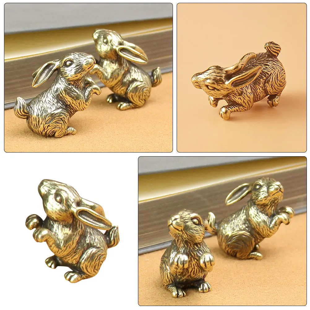 2Pcs Mini Bunny Decor Retro Brass Desktop Rabbit Statue Vintage Small Animal Ornament Brass Figurines Desktop Bunny Craft