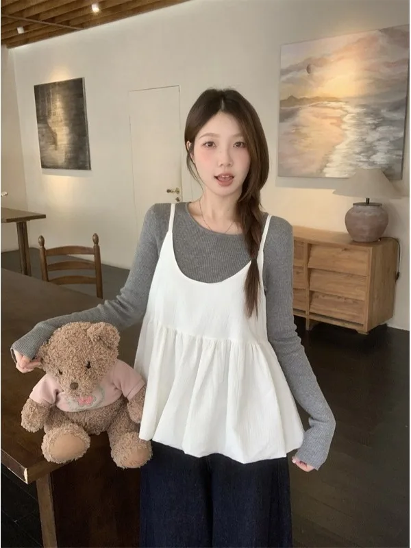 

plus Size Fashionable Knitted Set Early Autumn New Style Slimming Camisole Vest Long Sleeve Knit Top Inner Wear Two Piece Set