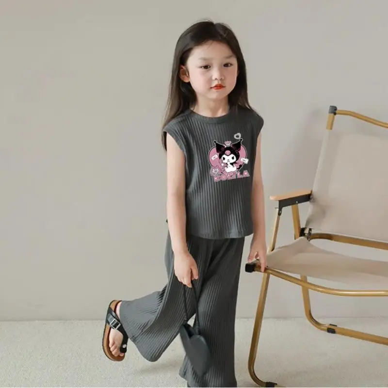 Kawaii Anime Sanrios Child Fashion Suit Kuromi Girl Cartoon T-Shirt Ice Silk Tank Tops Summer Cartoon Short Sleeve Trousers 2Pcs