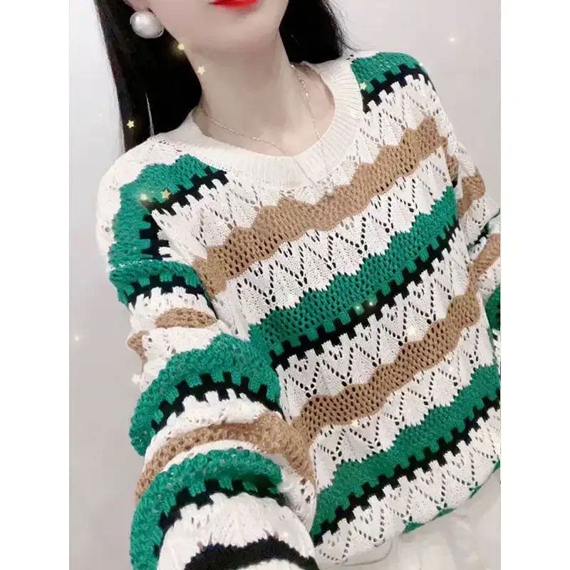 

Womens Geometric Pattern Knit Sweater Loose Fit O Neck Long Sleeve Casual Top Autumn Winter Wear
