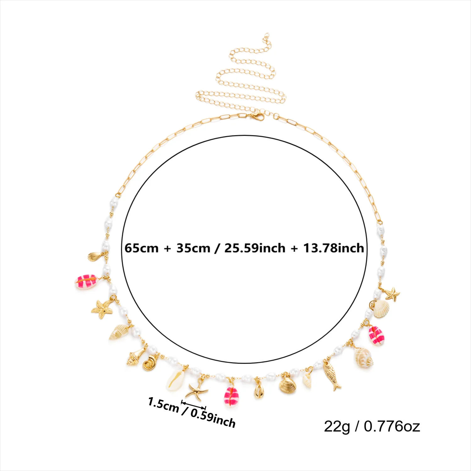 Trendige Y2K Sommer Boho Taillenkette für Damen – Elegante Körperkette mit Imitationsperlen, Muscheln, Seesternen und Conch-Anhängern – Bikini-Schmuck – Detail 7