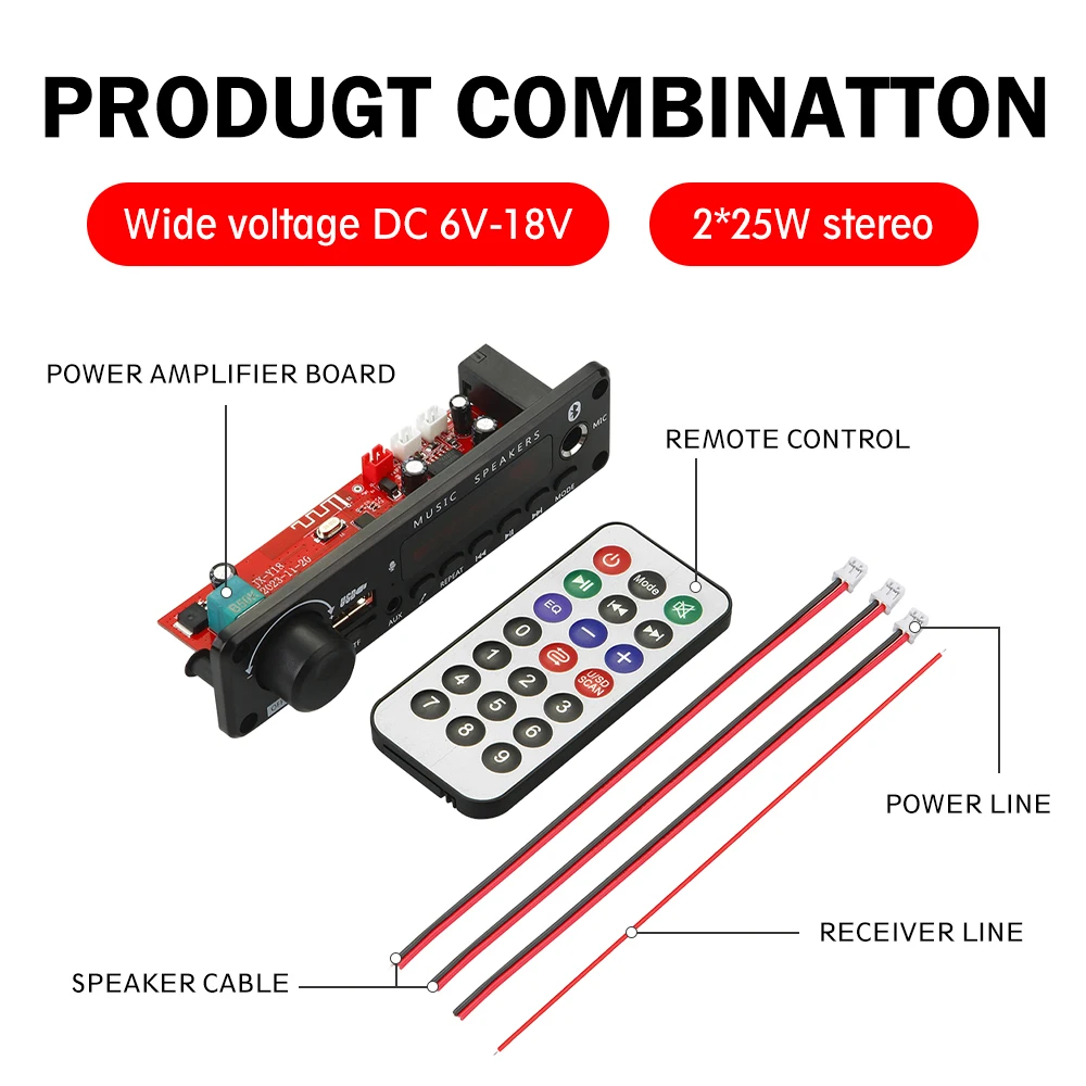 50W Bluetooth 5.0 decoder board 6.5MM microphone amplifier decoder board FM decoder recording call lossless motherboard DC 6-18V