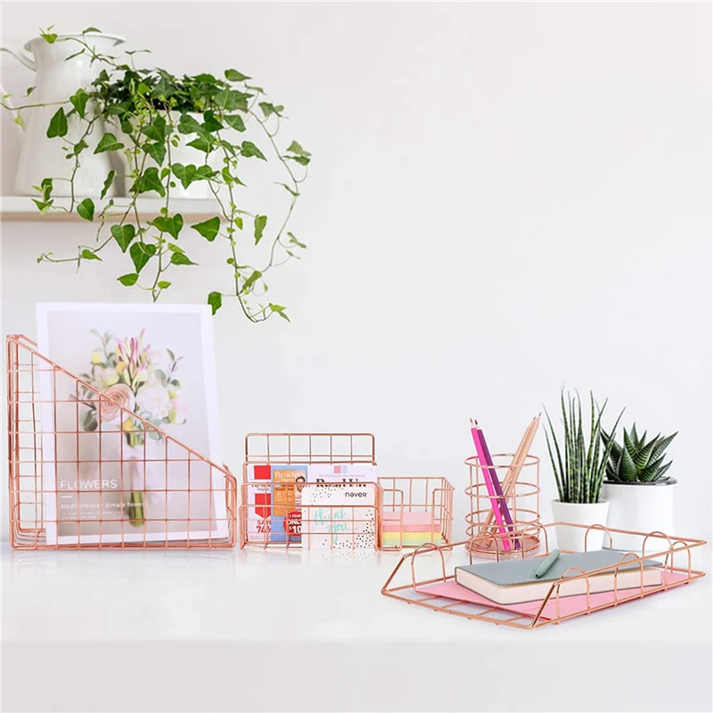 GROCE-3X Boekenplank Office Desktop Rose Gold Metal Boekenblok Drielaags Desktop Tijdschriftenplank Boekenhouder