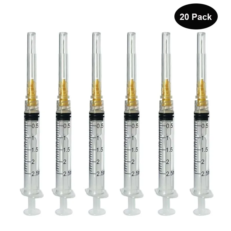 20 Pack 2ml Disposable Luer Lock Syringes with 23Ga Individually Sealed Packed For Pet Measuring Liquid Refilling Cartridges