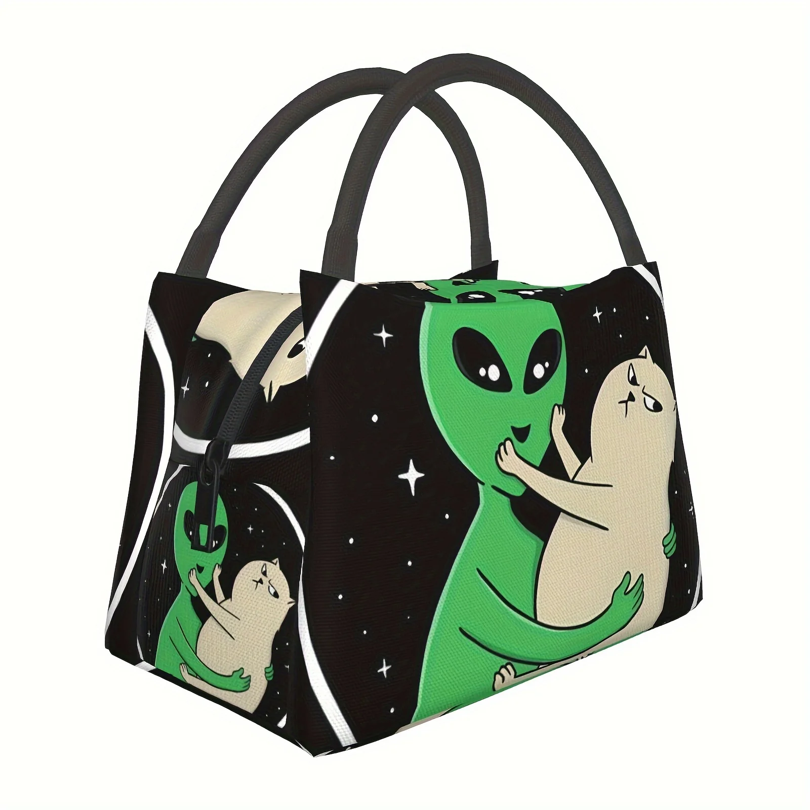 

Reusable Insulated Lunch Bag with Alien and Cat Design, Hand Washable, Leakproof, Square Polyester Thermal Cooler