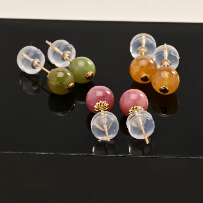 

Colorful 18K yellow Gold stud Earrings Fine Jewelry au750 natural tourmaline round fashion wedding party gift for women E1014