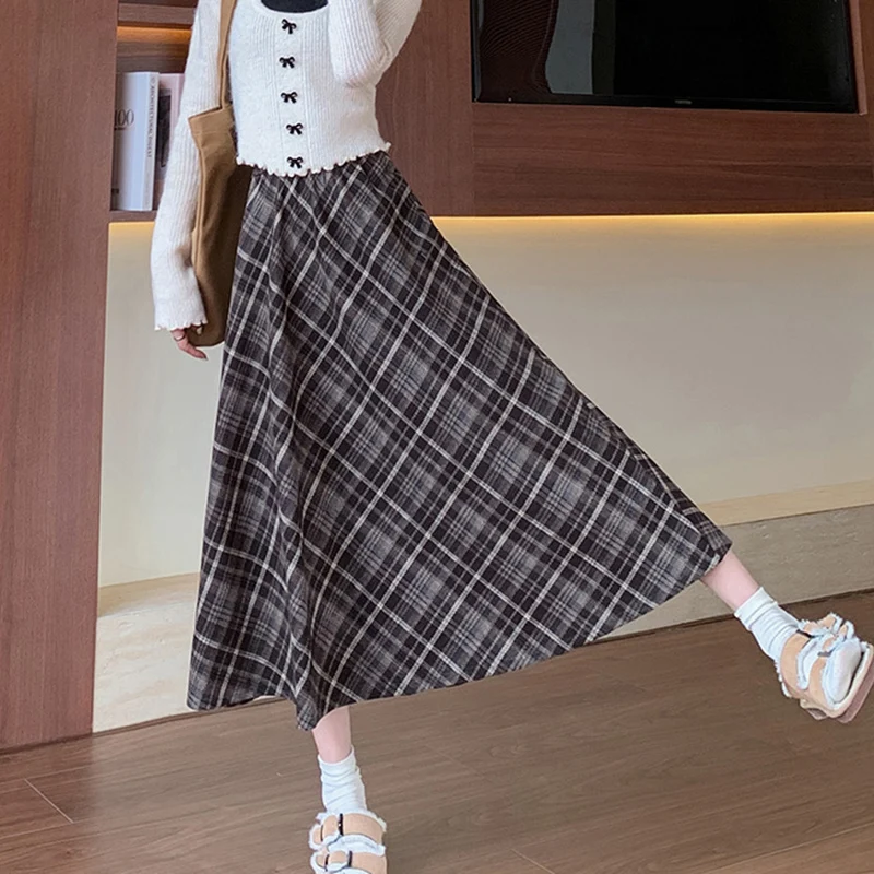 Vintage High Waist Woolen Plaid Skirts Women Autumn Winter Thick A Line Long Skirts Woman Elastic Waist Pleated Mid Length Skirt