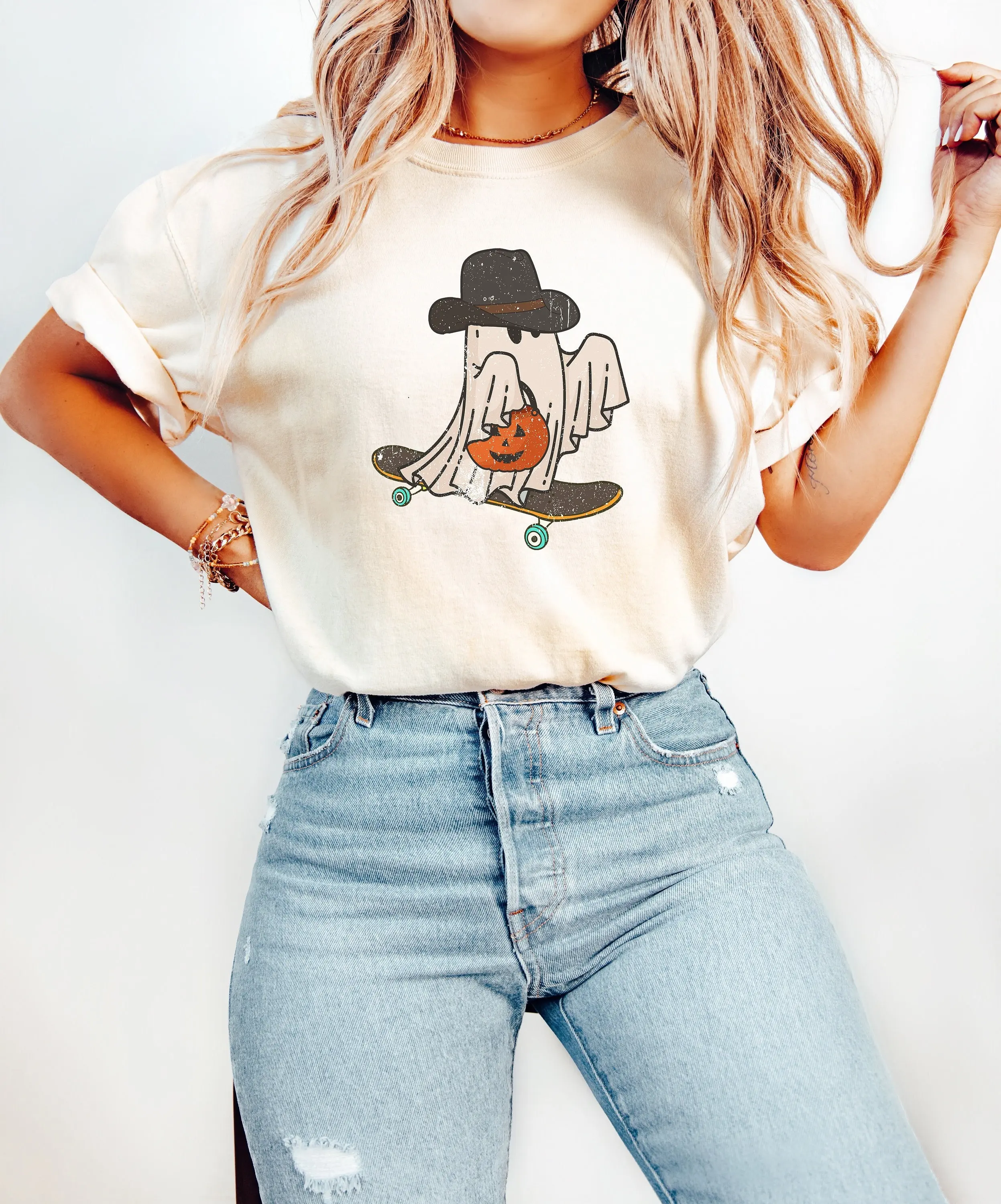 Skateboarding Cowboy Ghost Halloween Comfort Colors T Shirt Retro Trick Or Treat Pumpkin Fall Autumn