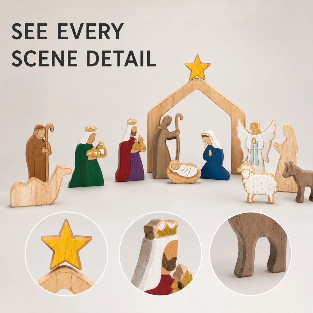 Nativity Scene Tabletop Decoration Set with Freestanding Figures for Christmas Mantel Shelf Desk and Holiday Home Deco