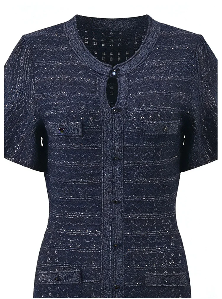 2026 Spring Women's French Luxury Style Shiny Sequin & Hotfix Rhinestone Ribbed Long Waist-Tight Knitted Dress