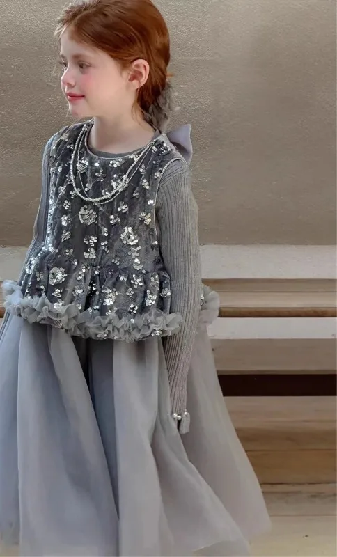 فستان الأميرة للفتيات الصغيرات لخريف وشتاء 2025 نمط جديد للأطفال فستان سترة سميك فستان سهرة جميل ودافئ #5