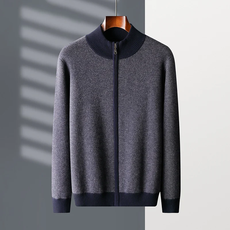 Cardigan con cerniera spessa di nuovo stile da uomo 100% cashmere color block maglione casual moda autunno inverno comoda giacca da lavoro