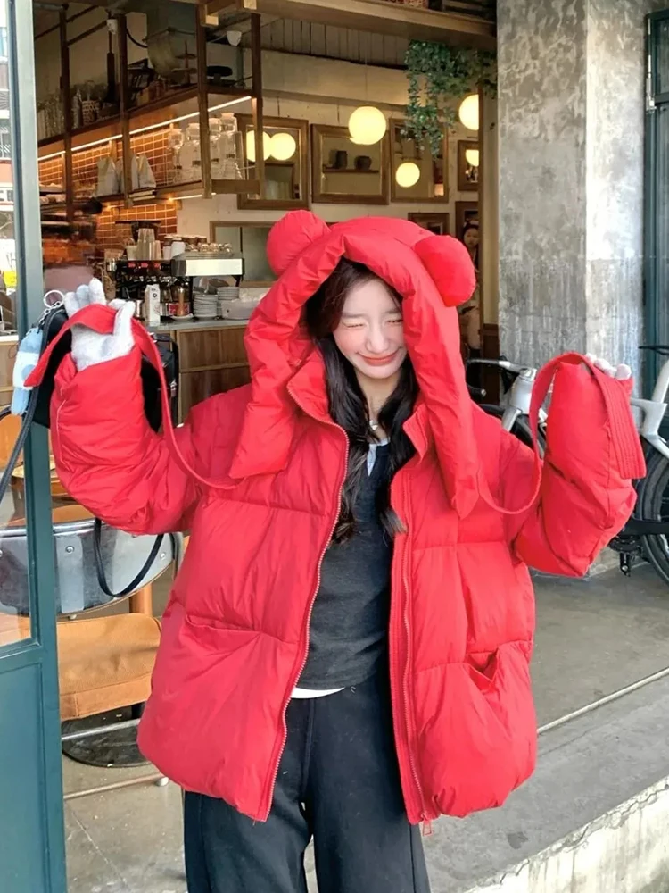 

Рождественские красные милые парки женские свободные модные медвежьи уши кавайное пышное пальто зимняя теплая милая женская японская хлопковая куртка с длинными рукавами