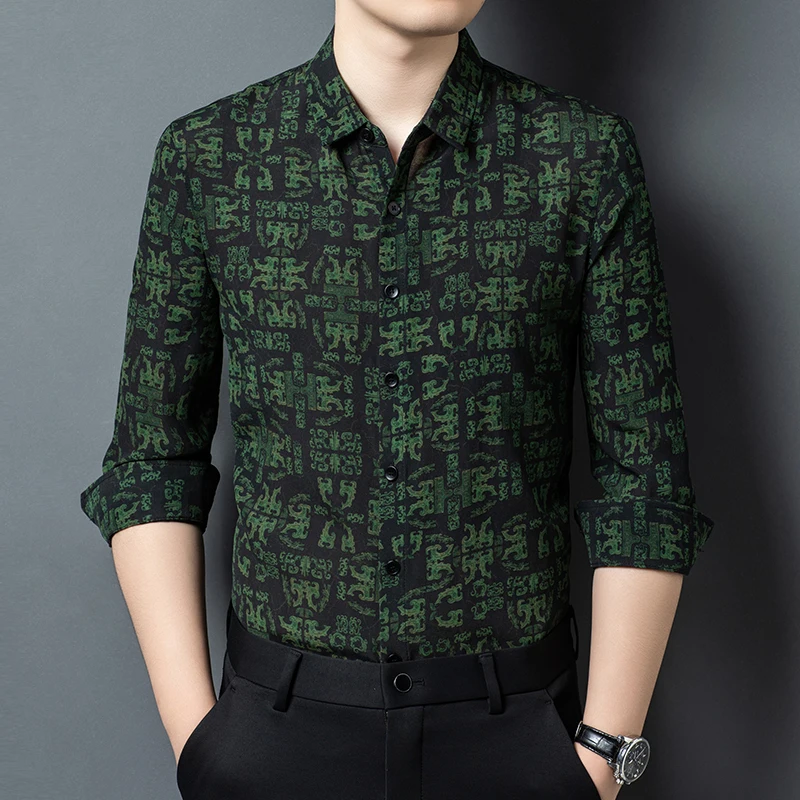 Gambiered Canton Gauze Green Shirts For Men Long Sleeve Premium Autumn Quality Geniune Silk 100% Skin-Friendly Camisas De Hombre