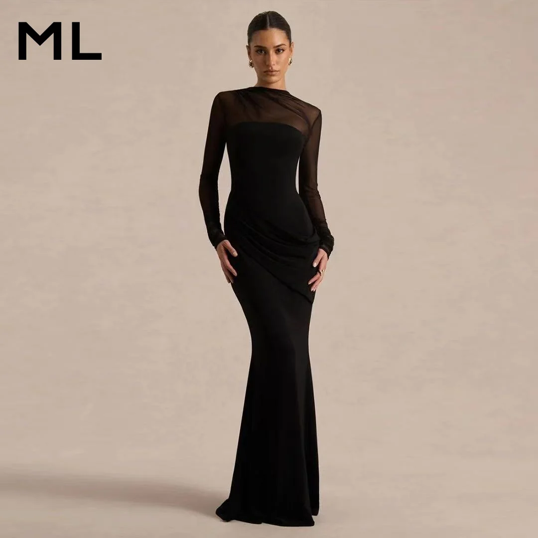 ML Classic Mesh Patchwork Dress Women Back Hollow O-Neck Full Sleeve Spring Trend Ruched Stretch Skinny Evening Bodycon 2026
