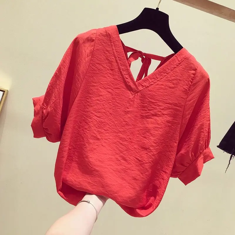 Sweet Backless Lace Up Bow Hollow Out Lantern Sleeve T-Shirt Women's Clothing 2023 Summer New Casual Pullovers Korean Tee Shirt