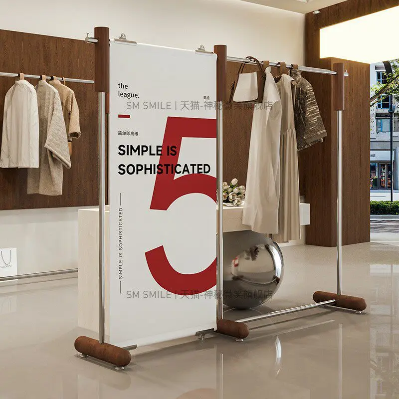 Clothing store floor-to-ceiling display rack Large tube walnut color hanger Women's clothing store display rack