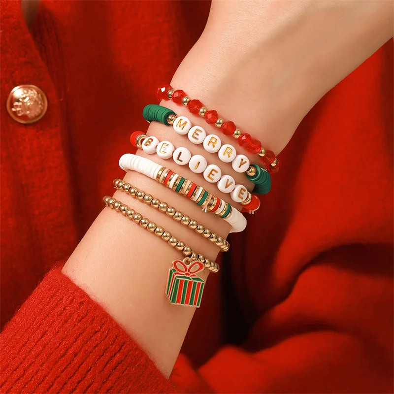 New Year Christmas Bracelet Set Cute Charms Festive Red and Green Hand String Letter Soft Ceramic Bracelet