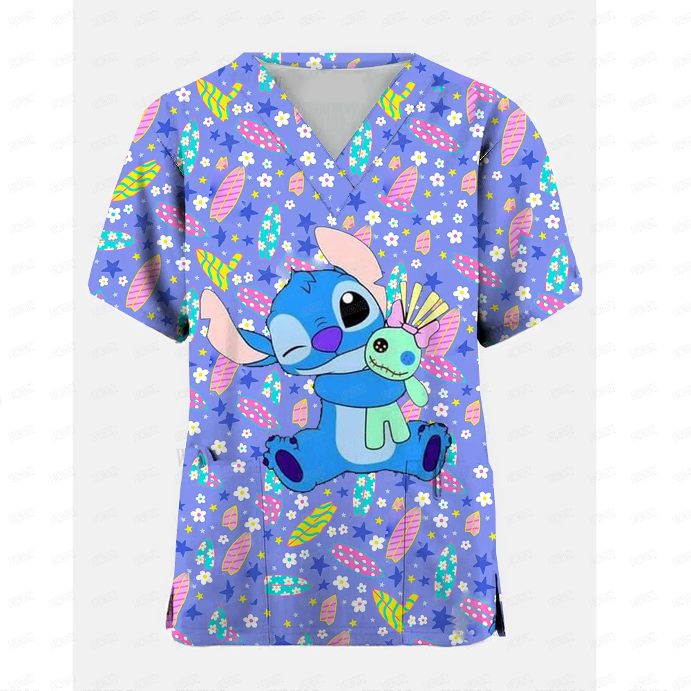 Womens Nurse Style Scrub Tops Summer Disney Stitch Print Short Sleeve T-Shirt V Neck Kawaii Pet Hospital Uniform Y2K