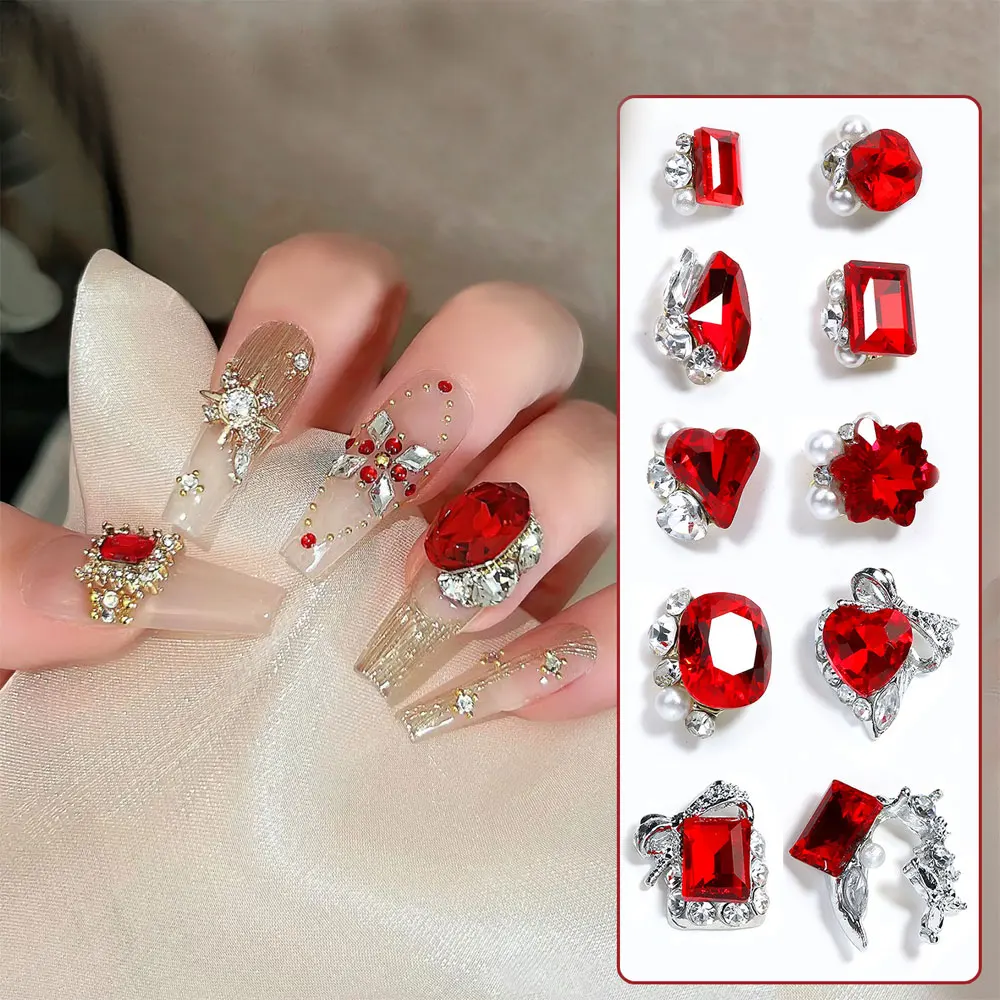 10pcs Grape Red Love Diamond Nail Art Charm 3D Alloy Snowflakes Pearl Nail Decoration DIY Christmas New Year Nail Accessories