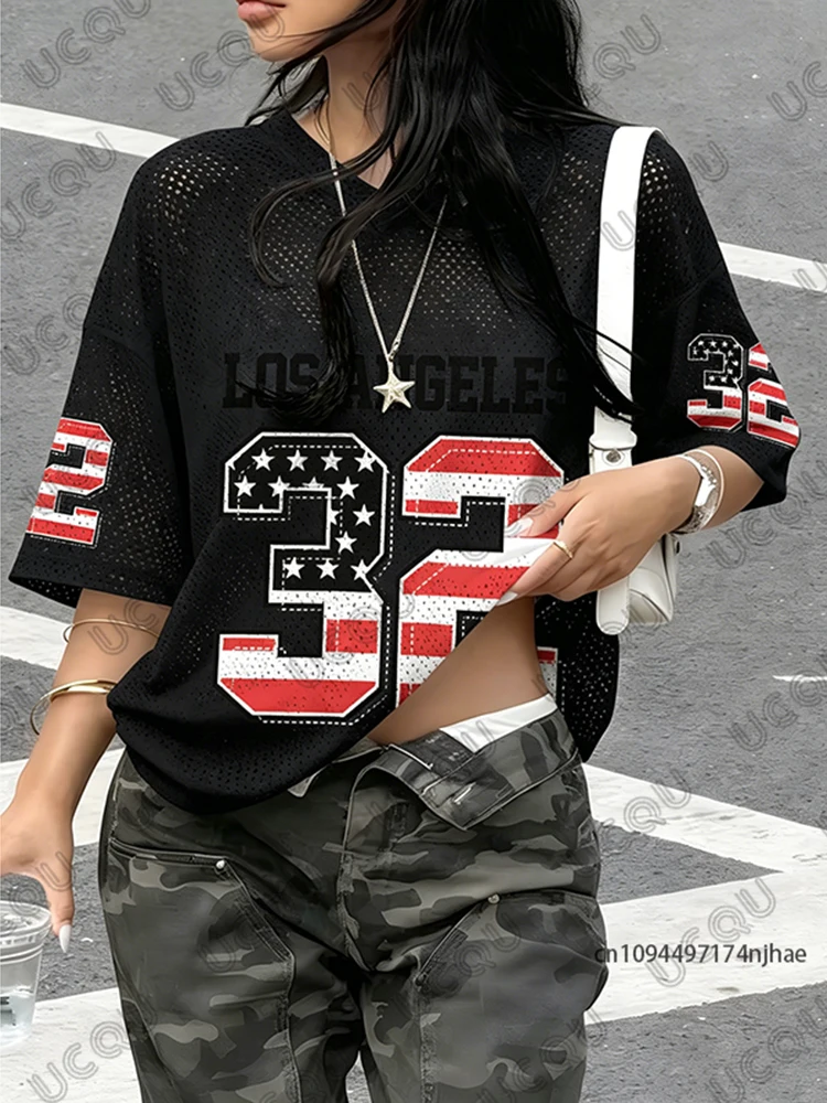 Übergroßes T-Shirt für Damen, V-Ausschnitt, Sommer, Los Angeles, amerikanischer Stil, Nr. 32, bedrucktes Sport-Top, Fußballtrikot, Y2k, lässiges, lockeres T-Shirt – Detail 9