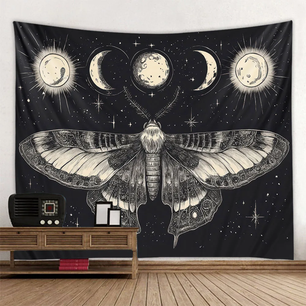 

Moon phase moth art tapestry, multi pattern and multi size hanging paintings, soft background cloth, aesthetic home decoration