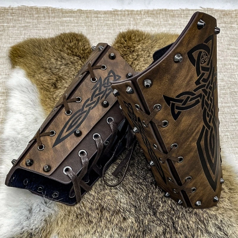 Vintage Renaissances Arm Guards Viking Arm Bracer Embossed Norse Symbol Faux Leather Arm Armors Cosplay Costume Prop