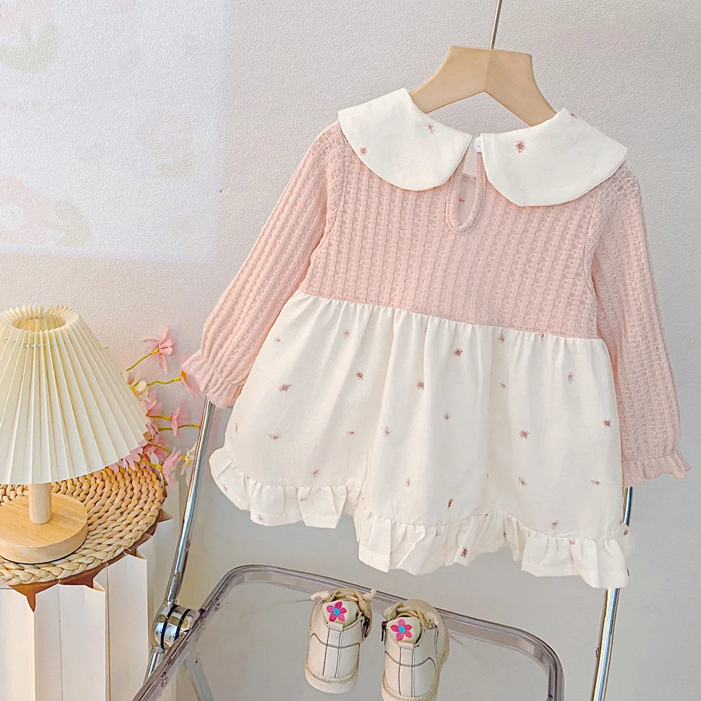 طفلة ملابس الربيع والخريف القوس دمية طوق وهمية قطعتين طويلة الأكمام الفتيات فستان لطيف بسيط طفلة فستان #4