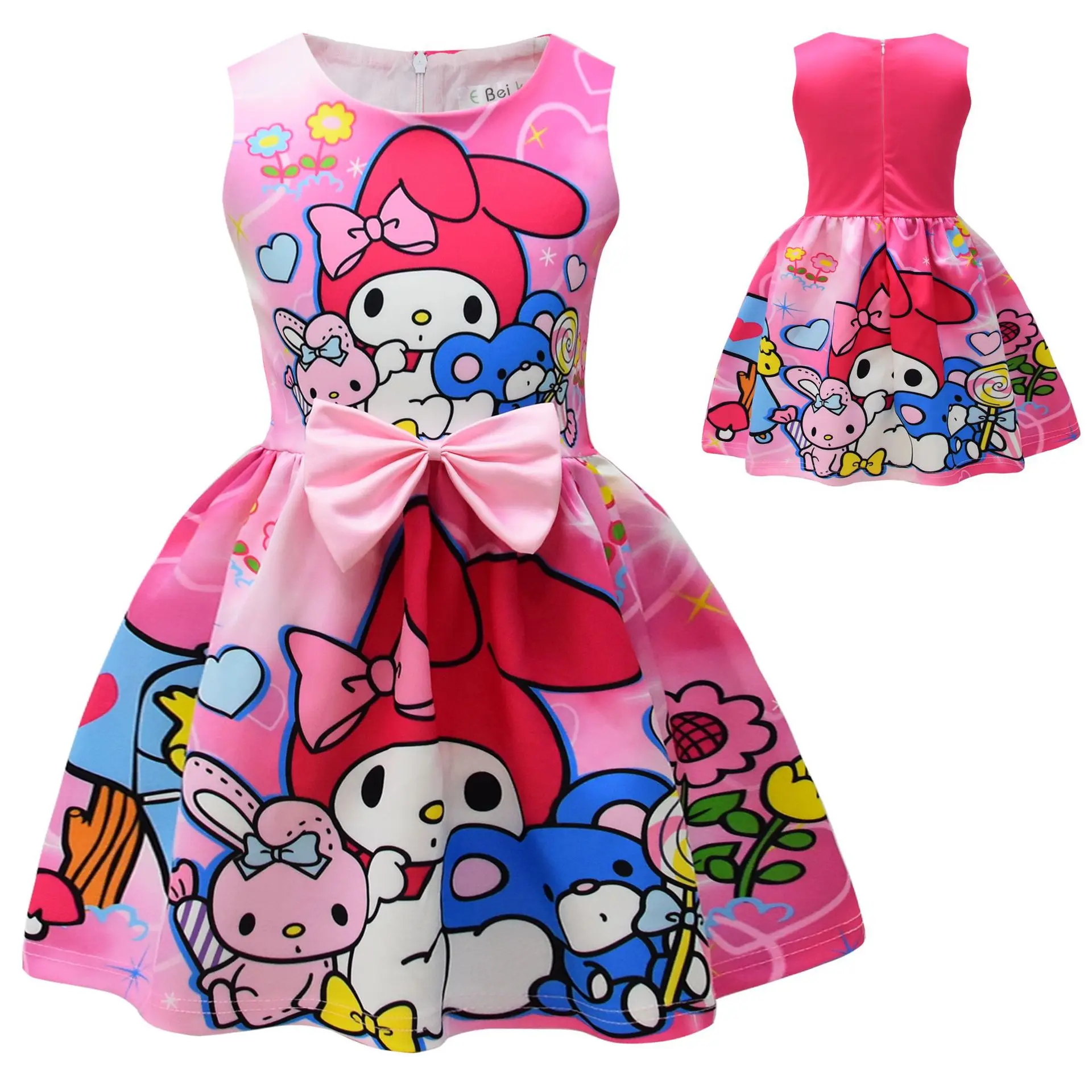 

2024 New Melody Kawaii Printed Large Girl's Bow Vest Skirt Casual Dresses Princess Dress for Girls Birthday Outfit for Children