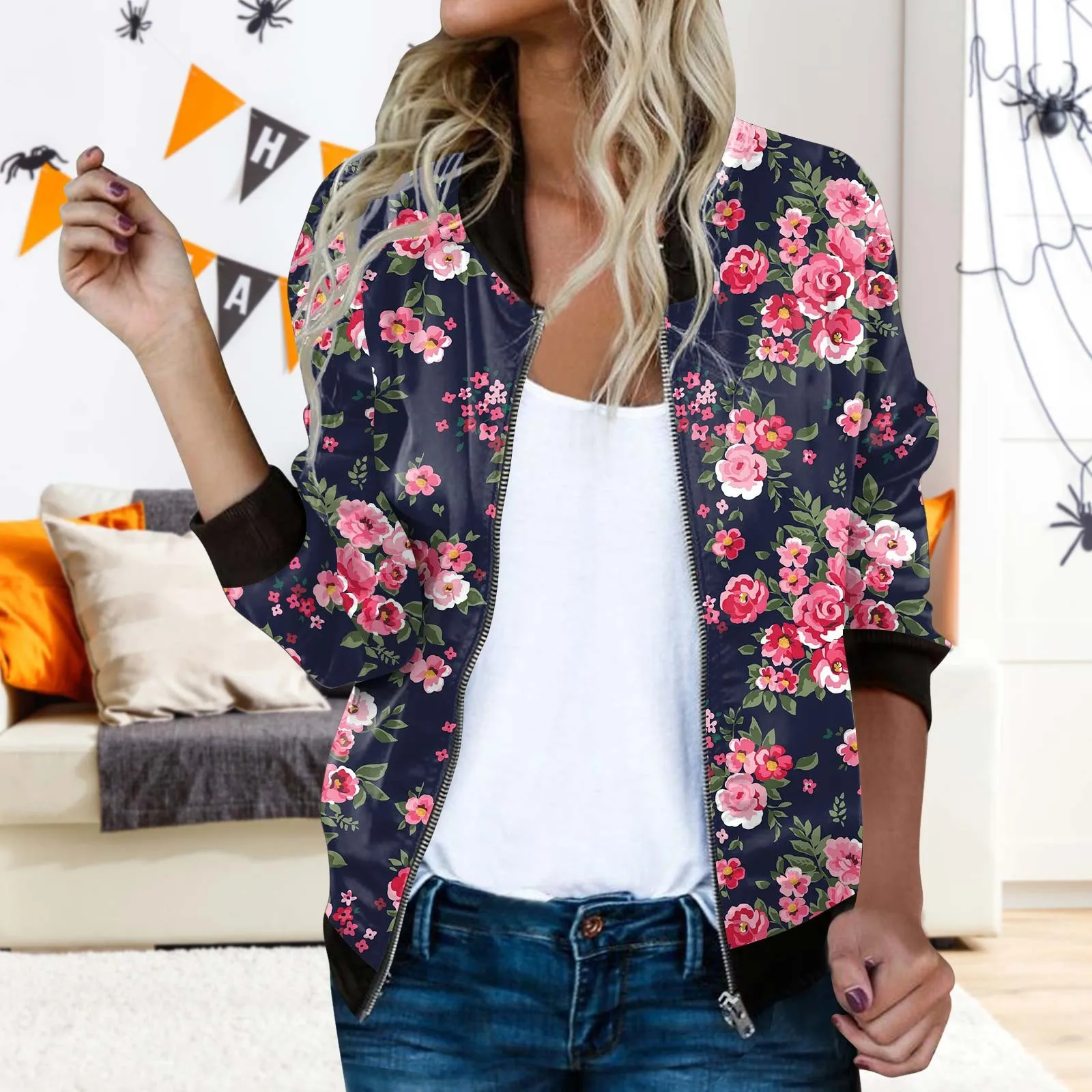 Chaquetas de cuello alto con estampado de flores para mujer, chaqueta informal ligera con cremallera, ropa de abrigo deportiva básica diaria Vintage