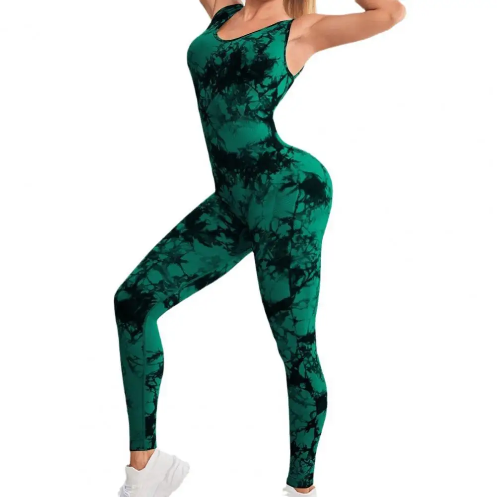 Wrinkle-resistant Jumpsuit Tie-dye Butt-lifted Women's Sport Jumpsuit for Jogging Yoga Contrast Color Athletic Wear