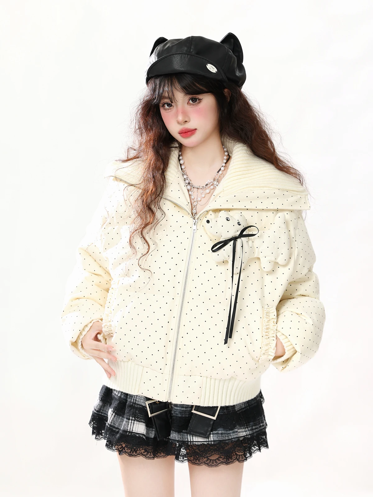 

ENJOG Polka Dot Thiened Cotton Jaet Women's Loose Fit Winter Warm Coat Knot Casual Sle Long Sve Zipper