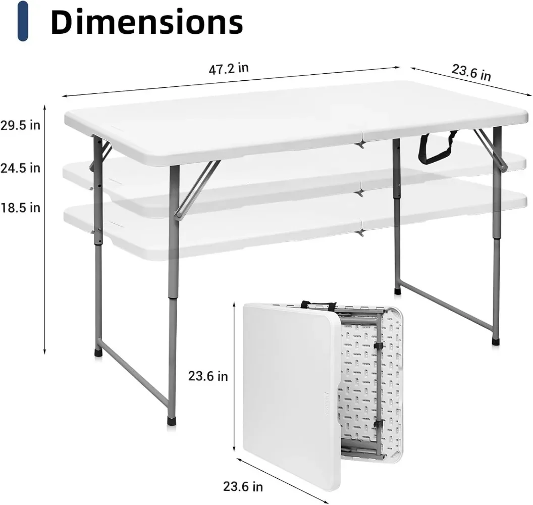 휴대용 헤비 듀티 플라스틱 접이식 테이블, 4 피트, 반 접이식 유틸리티 테이블, 작은 실내 야외 높이 조절 접이식 테이블